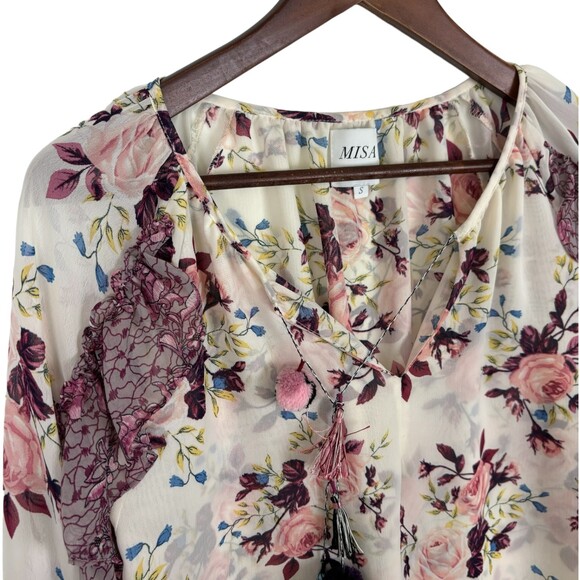 Misa Los Angeles Sia Pink White Chiffon Sheer Floral Blouse Women’s Small - Picture 5 of 10